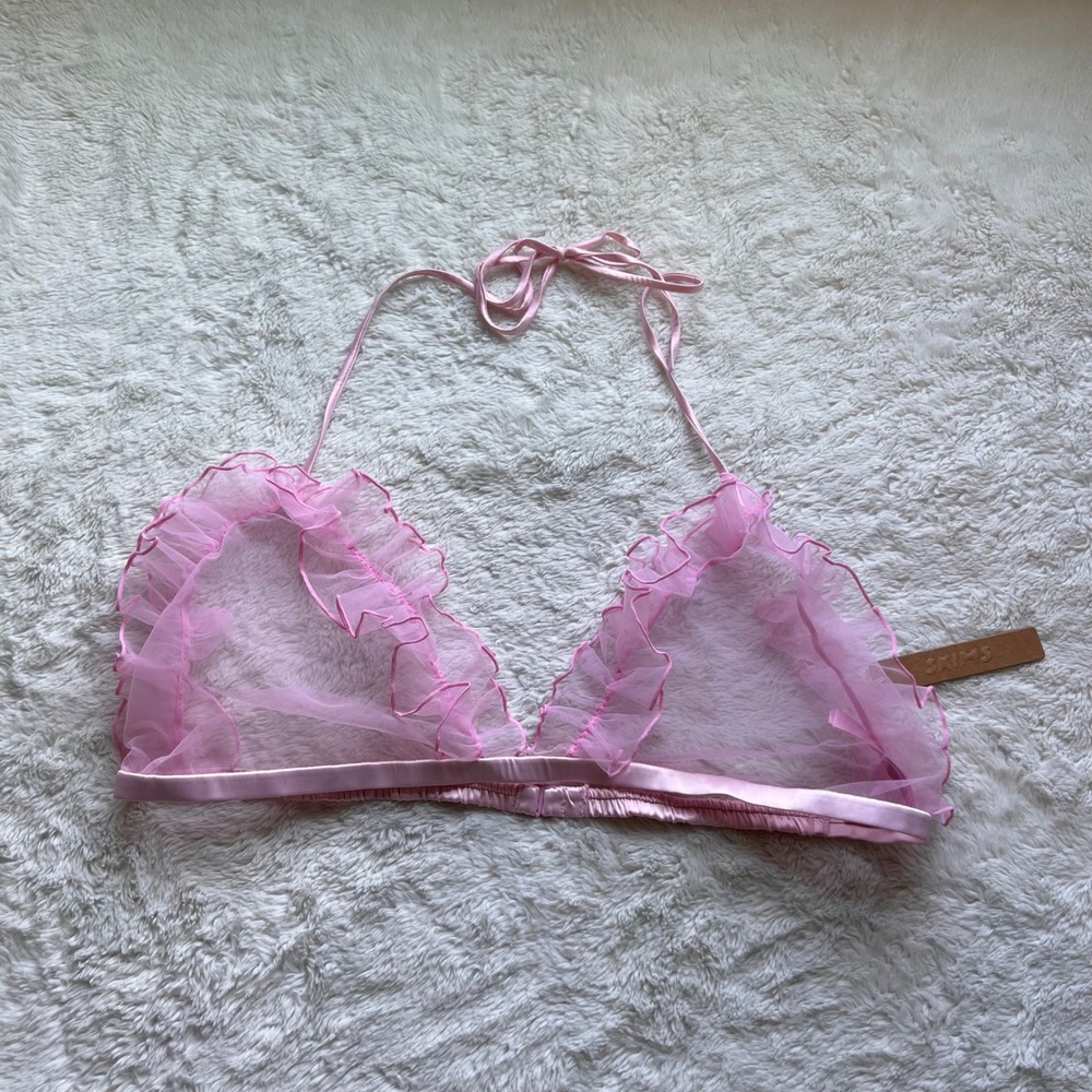 Skims Embroidered Tulle Triangle Bralette Bubble Gum Pink Ruffle ST-SET-7622W 3X